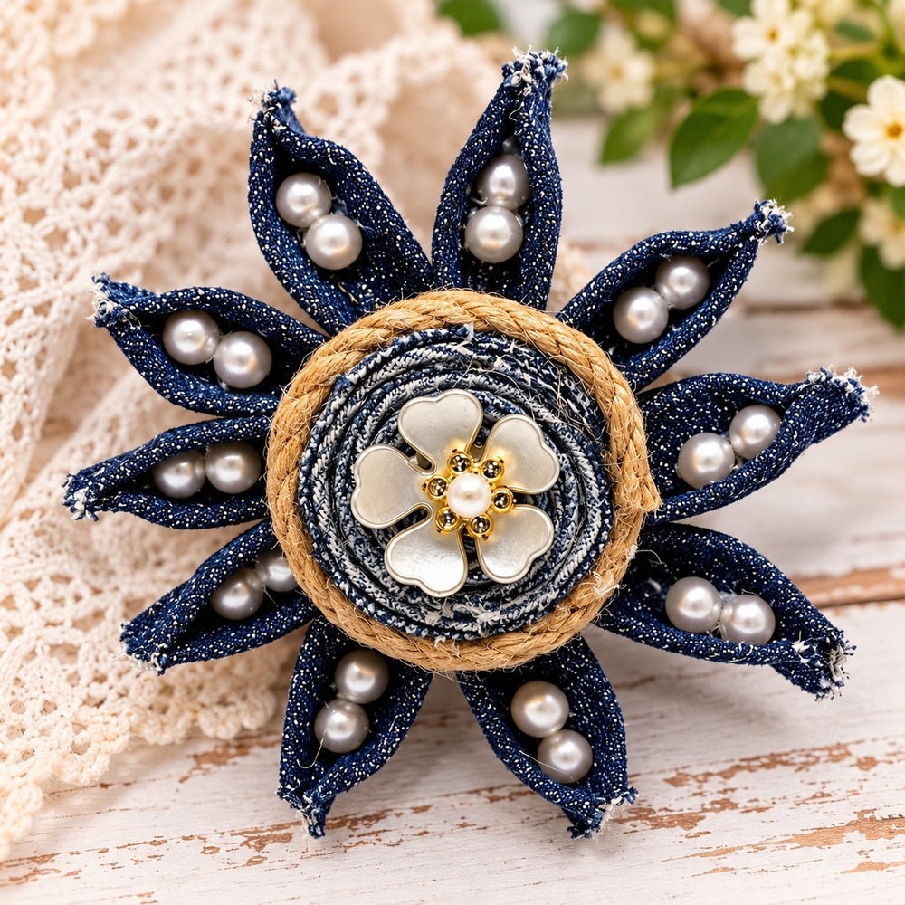 Handmade Denim Flower Magnet with Faux Pearls and Jute Trim Blue Boho Decor 9